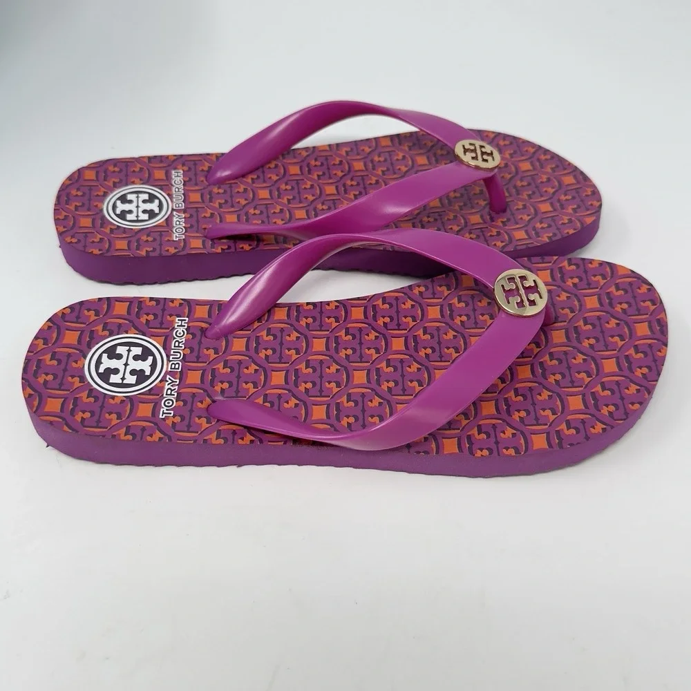 Tory Burch Thandie Logo Print Flip Flop Sandals Hot Pink Orange Womens 7